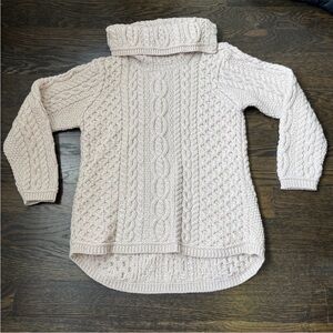 ARAN  MOR IRELAND 100% MERINO WOOL CABLE KNIT COWL NECK SWEATER oatmeal L